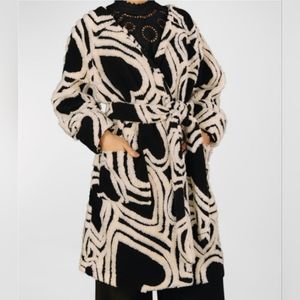 Farm Rio Wild Hearts Coat Black White Teddy Jacket Belted Coatigan Oversized